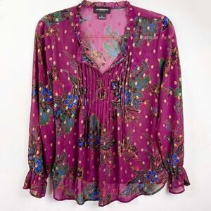 LIZ CLAIBORNE Sheer Floral Gold Threaded Top Size Medium